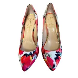 Jessica Simpson Floral Pointed Toe Pumps - Red Pink Multicolor